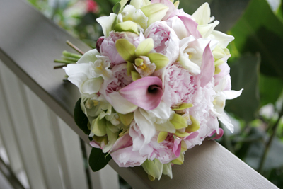 pale pink peonies with green orchids for our Maui bride