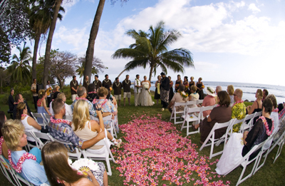 pink plumeria petal path for Maui wedding