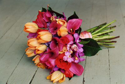 orange tulip and pink mini calla lilies bouquet
