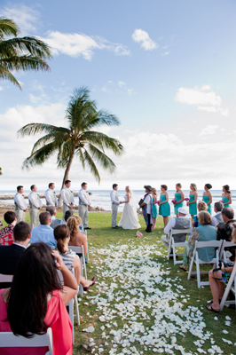 wedding petals by ocean