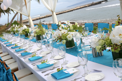 Maui wedding reception with blue accents