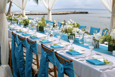 Table set up for wedding dinner at Olowalu